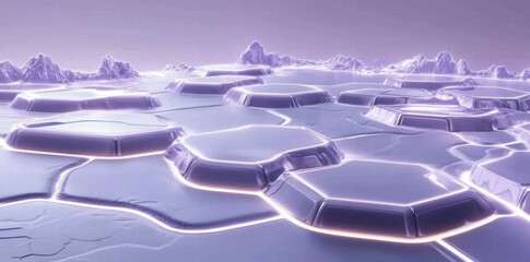 Aufkleber - A futuristic landscape with hexagonal platforms and a soft purple hue.