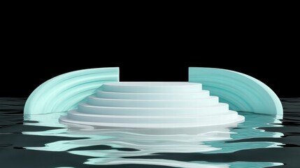 Poster - A stylized, layered platform emerging from calm water against a dark background.