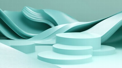 Aufkleber - Abstract composition featuring layered waves and circular platforms in a soothing mint color.