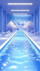 Poster - A serene indoor scene featuring a reflective blue waterway surrounded by snowy landscapes.
