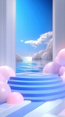 Poster - A serene scene featuring a coastal view with steps and pastel balloons, evoking tranquility.