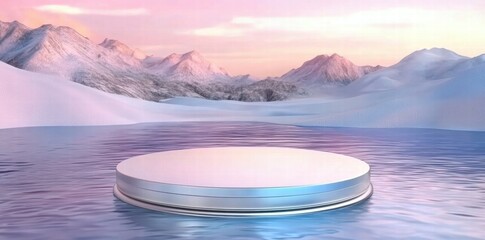 Aufkleber - a serene, snowy landscape with a circular platform on a calm body of water at sunset.