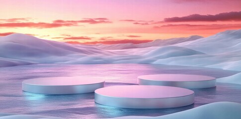 Aufkleber - A serene winter landscape featuring circular platforms on a tranquil water surface at sunset.