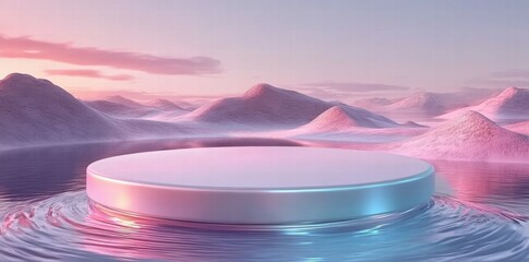 Poster - A serene landscape featuring a reflective platform surrounded by soft, colorful mountains.