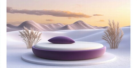 Poster - A serene, minimalist seating area in a snowy landscape at sunset.