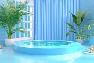 Poster - A serene blue spa area featuring a circular hot tub and lush green plants.