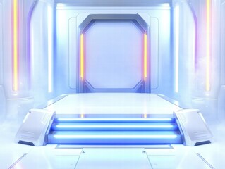 Poster - A futuristic, illuminated stage with a sleek design and vibrant lighting effects.