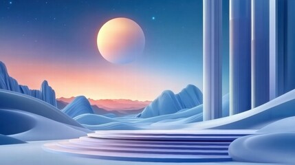 Aufkleber - A serene landscape featuring abstract mountains, a large celestial body, and elegant pillars.