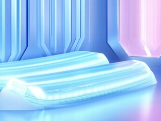 Aufkleber - Futuristic glowing pods in a sleek, illuminated environment.