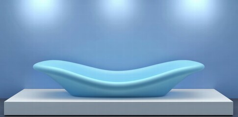 Leinwandbilder - A modern, curved blue sofa displayed on a pedestal against a light blue background.