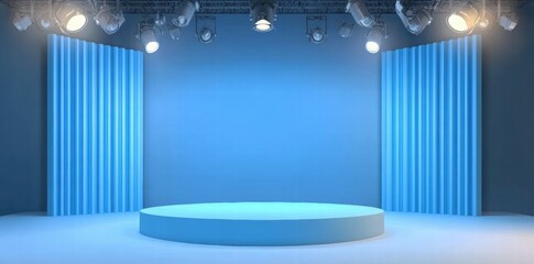 Poster - A minimalist blue stage setup with lighting, ideal for presentations or performances.