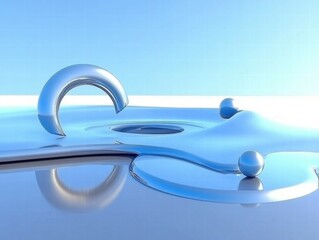 Poster - A serene, abstract composition of metallic shapes and water-like surfaces under a blue sky.
