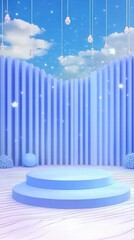Poster - A serene blue stage set against a sky backdrop, ideal for presentations or performances.