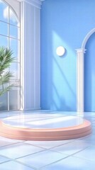 Wall Mural - A bright, minimalist interior scene featuring a circular stage and a potted plant.