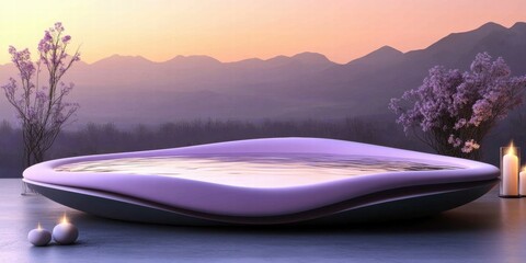 Poster - A serene spa setting with a purple water feature, candles, and a tranquil mountain backdrop.