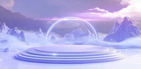 Poster - A serene, futuristic stage set against a misty mountain backdrop with a glowing arch.