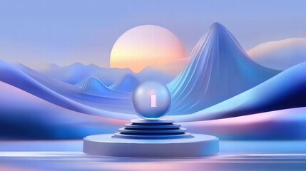 Poster - A serene digital landscape featuring a glowing orb on a platform amidst stylized mountains.