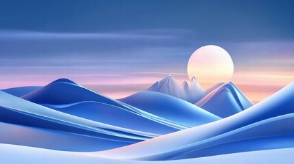 Poster - A serene landscape featuring rolling blue hills and a large sun setting in the background.