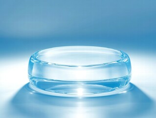 Poster - A clear, round glass dish with a smooth surface, set against a soft blue background.