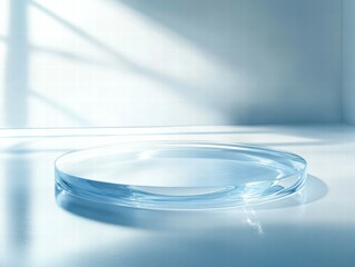 Aufkleber - A clear, circular glass dish resting on a smooth surface with soft light and shadows.
