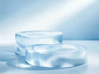 Poster - Two transparent circular glass objects on a light blue background.