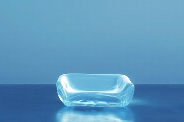 Poster - A transparent, sculptural sofa placed on a smooth surface against a blue backdrop.