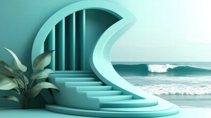 Poster - A stylized staircase resembling a wave, leading to a serene ocean view.
