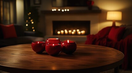 Wall Mural - Rustic wooden table close-up with red holiday accents, offering a sense of nostalgia and warmth