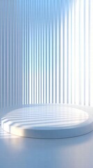 Aufkleber - A serene, minimalist space with vertical lines and a circular platform, ideal for presentations.