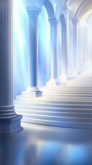 Wall Mural - A serene, ethereal staircase with columns, illuminated by soft blue light.