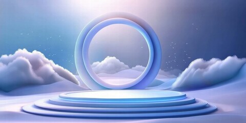 Wall Mural - A serene, futuristic stage with a circular portal surrounded by soft clouds.