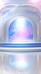 Poster - A serene, ethereal space with a glowing arch and reflective floor, suggesting tranquility.