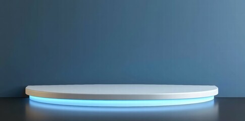 Aufkleber - A minimalist display platform with a glowing blue edge against a solid blue wall.