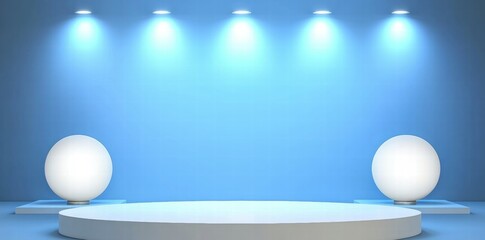 Aufkleber - A minimalist stage setup with illuminated spheres and a circular platform against a blue backdrop.