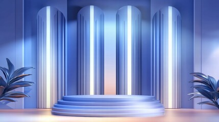 Aufkleber - A modern stage setup with columns and soft lighting, ideal for presentations or performances.