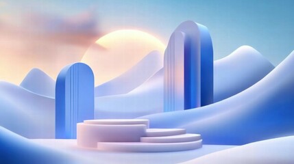 Poster - A serene digital landscape featuring curved structures and soft, flowing hills under a pastel sky.