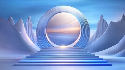 Aufkleber - A surreal landscape featuring a circular portal amidst stylized mountains and steps.