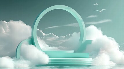 Leinwandbilder - A serene, abstract scene featuring a circular structure amidst clouds and water.