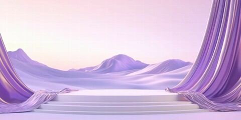 Aufkleber - A serene stage set with flowing purple drapes against a soft, mountainous backdrop.