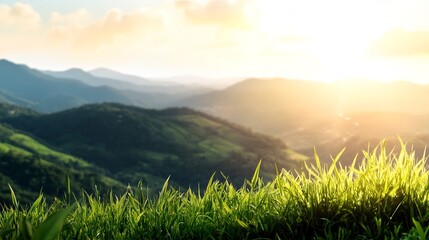 Poster - Golden Hour Mountain Vista: Serene Sunset Over Lush Green Hills