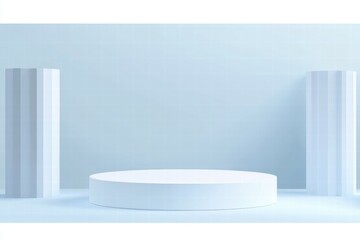 Aufkleber - A minimalist stage setup with circular platform and vertical columns in a light blue setting.