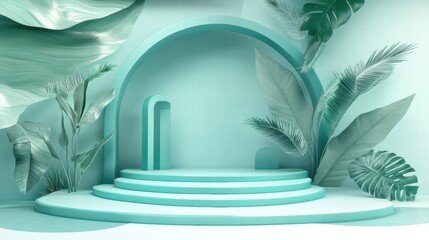 Aufkleber - A serene, modern stage design with curved elements and lush green plants.