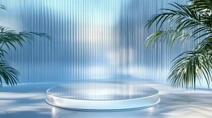Aufkleber - A serene stage setup with reflective surface and lush plants in a light-filled environment.