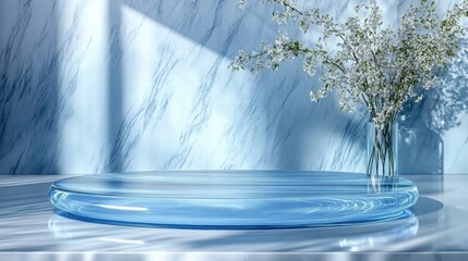 Aufkleber - A serene setting featuring a glass surface and a vase of flowers against a light backdrop.