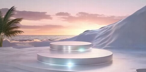 Poster - A serene coastal scene featuring circular platforms against a pastel sunset backdrop.