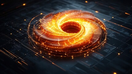 Poster - Glowing orange spiral energy vortex on dark tech background.