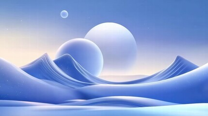 Aufkleber - A serene, abstract landscape with soft hills and large celestial bodies in a calming blue palette.