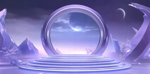 Aufkleber - A futuristic portal set in a serene landscape with celestial elements.