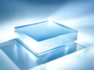 Poster - A transparent glass-like square block reflecting light in a serene blue setting.