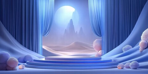 Aufkleber - A serene stage with blue curtains and soft pastel elements, suggesting a dreamlike setting.
